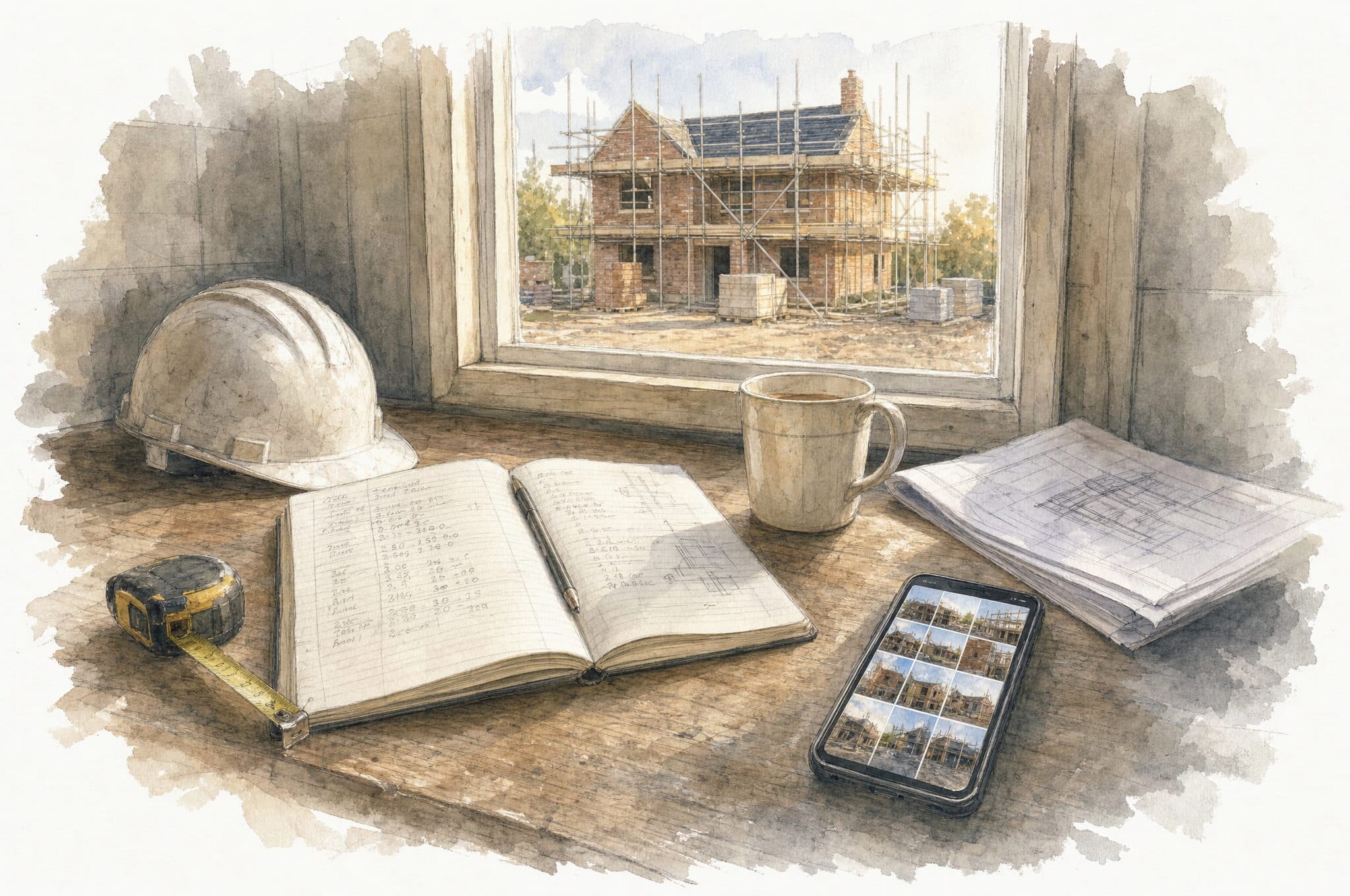 A watercolour of a site cabin desk with a notebook of sums, a mug of tea, drawings, a hard hat and a phone full of site photos, a scaffolded house through the window