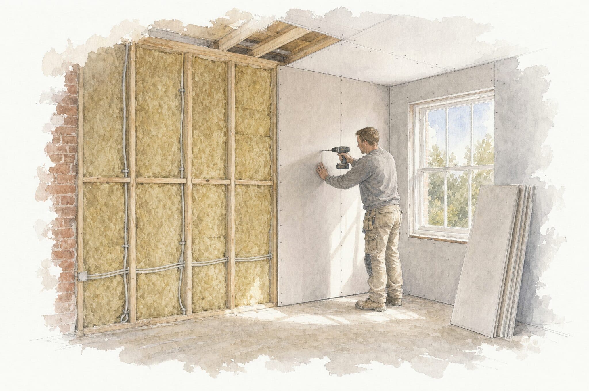 A watercolour of a plasterer screwing a board over a wall whose insulation and cables are still open to view