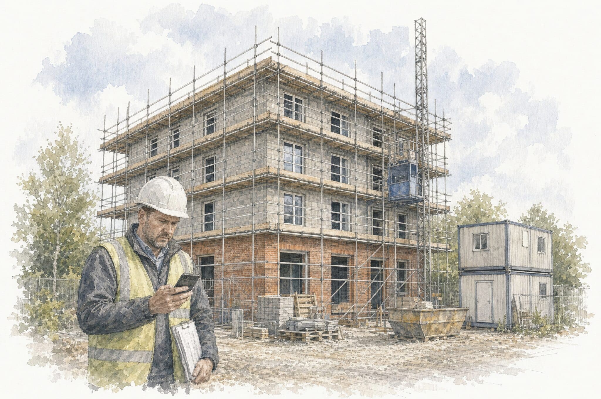 A watercolour of a site manager in a hard hat scrolling through photos on his phone, a scaffolded four-storey block and stacked site cabins behind him