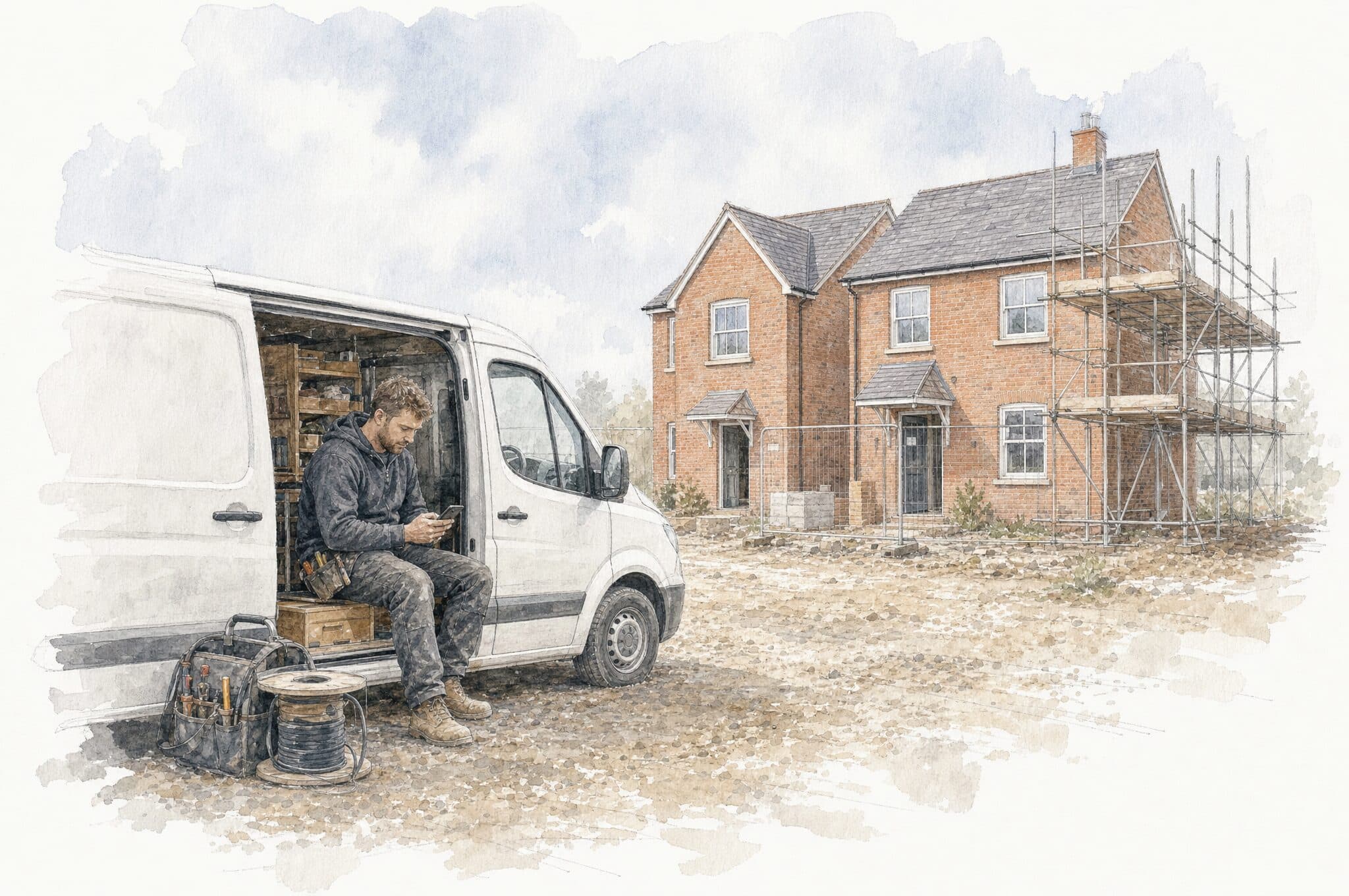 A watercolour of an electrician sitting in the open side door of his van reading his phone, two new brick houses behind
