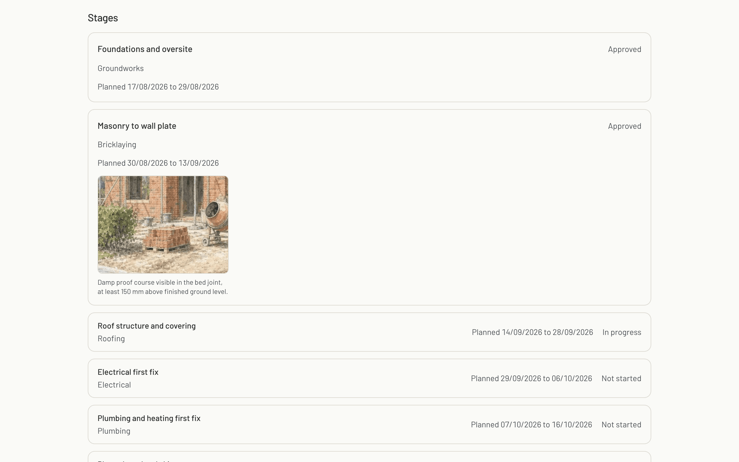 The client's read-only page for Plot 4, opened from a client link without signing in: two stages approved with a photo the builder chose to show, the roof in progress and the stages still to come, with no prices