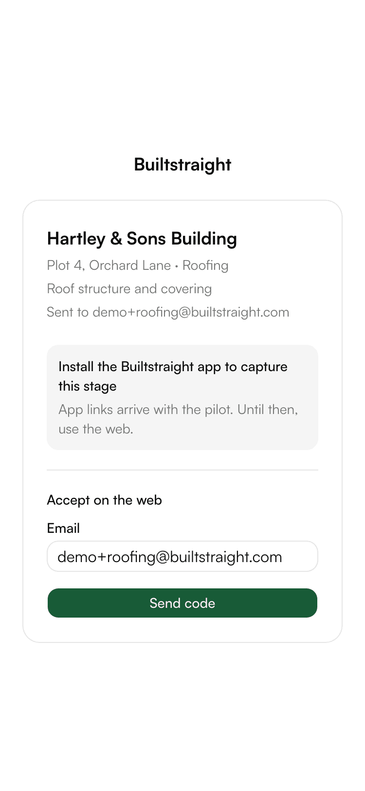 The subcontractor invite landing page, open in a phone browser