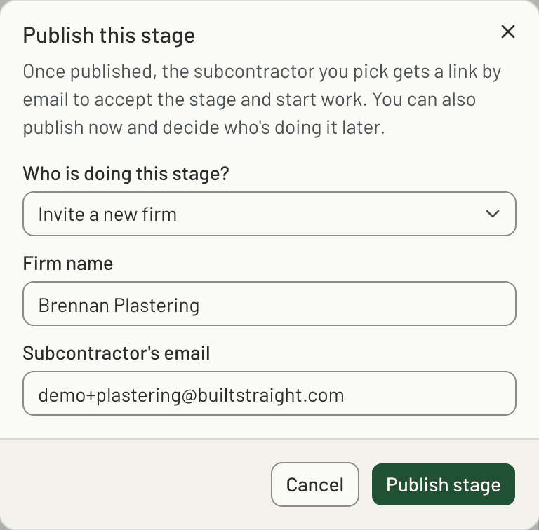 The publish dialog, inviting a new plastering firm to the stage by email