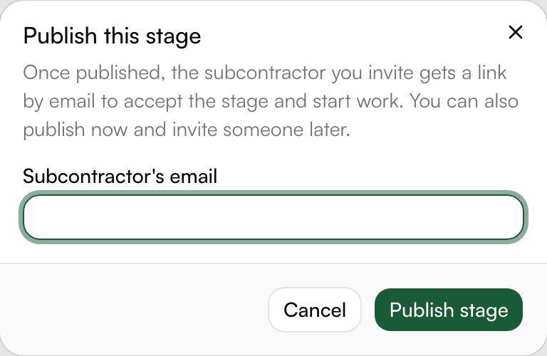 The publish dialog, with the field for a subcontractor's email address and the button that sends the invite