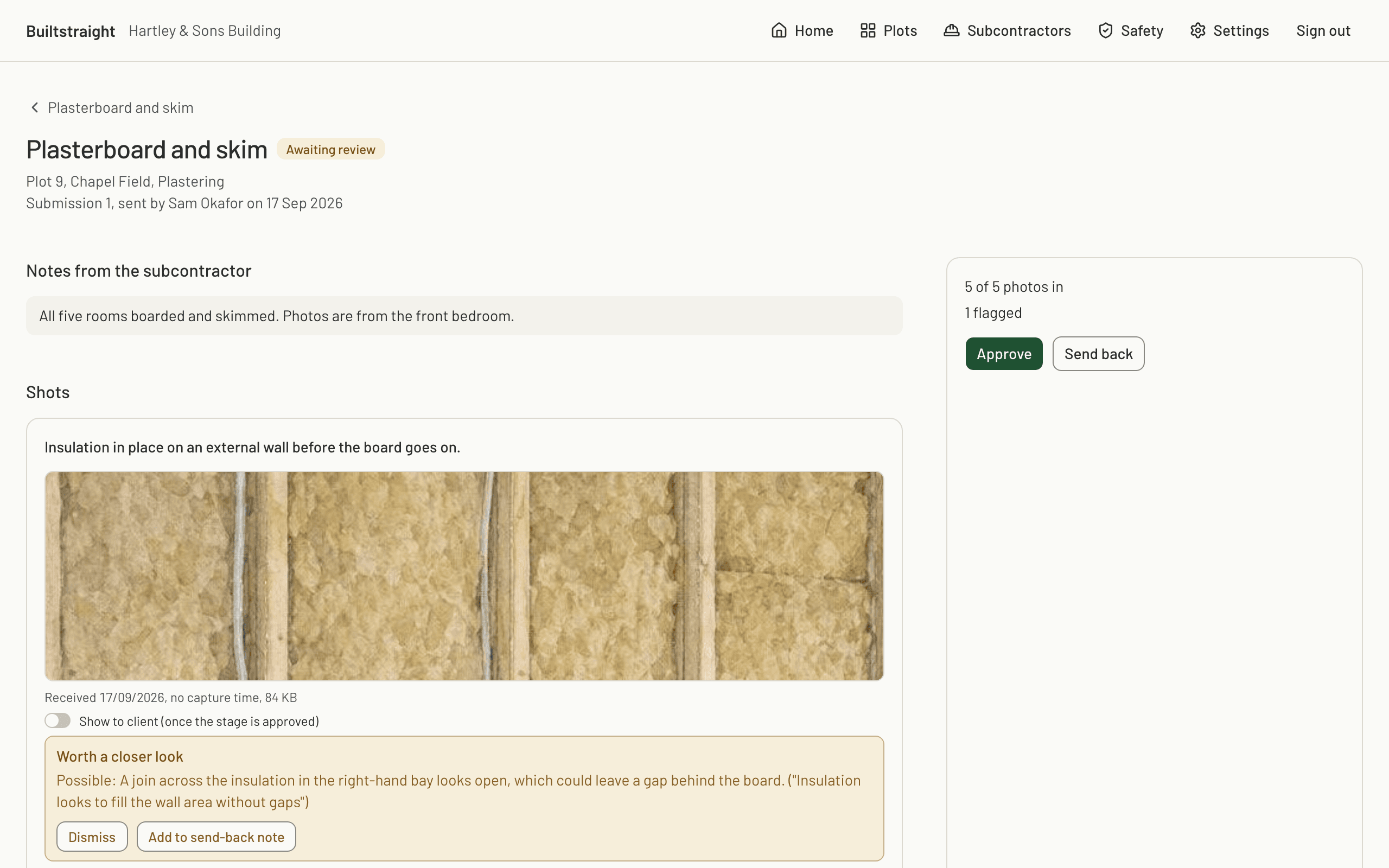 The builder reviewing a plasterboard submission: the subcontractor's note, the first shot with its photo, one photo flagged by the checks, and the approve and send back actions